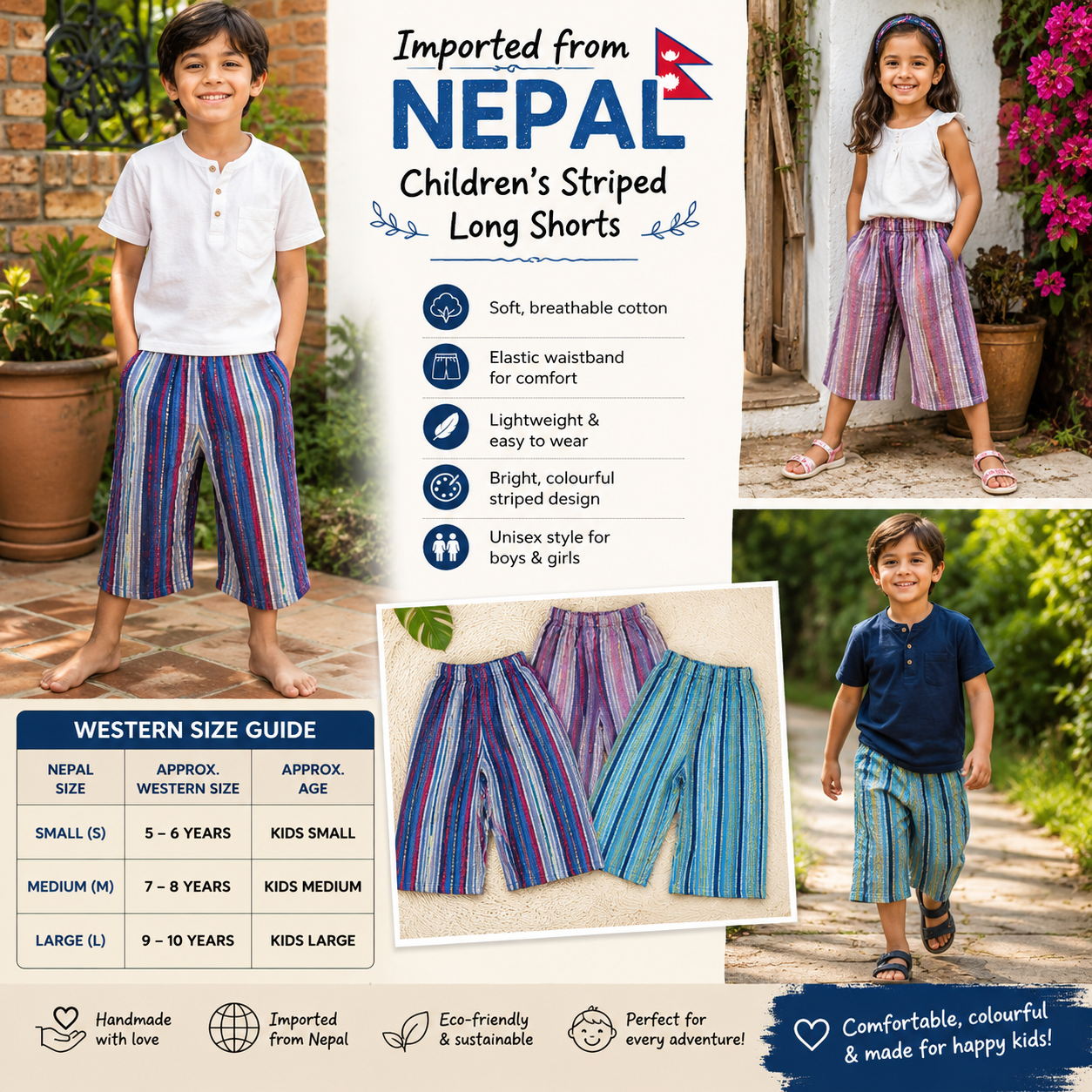 Imported from Nepal – Children’s Striped Long Shorts 🌈