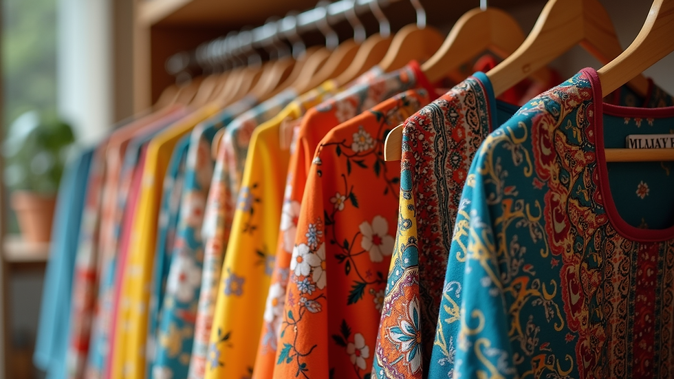 Eye-level view of a colorful bohemian dress hanging on a wooden rack