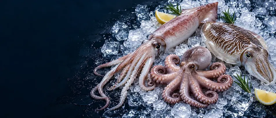 Squid, octopus and cuttlefish presented on ice