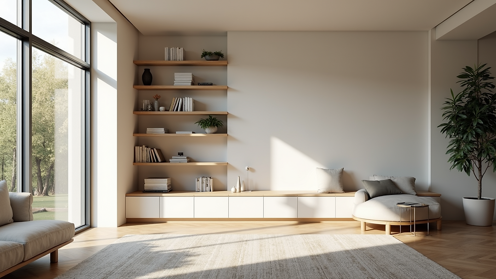 Wide angle view of bright living room with built-in shelves and large windows