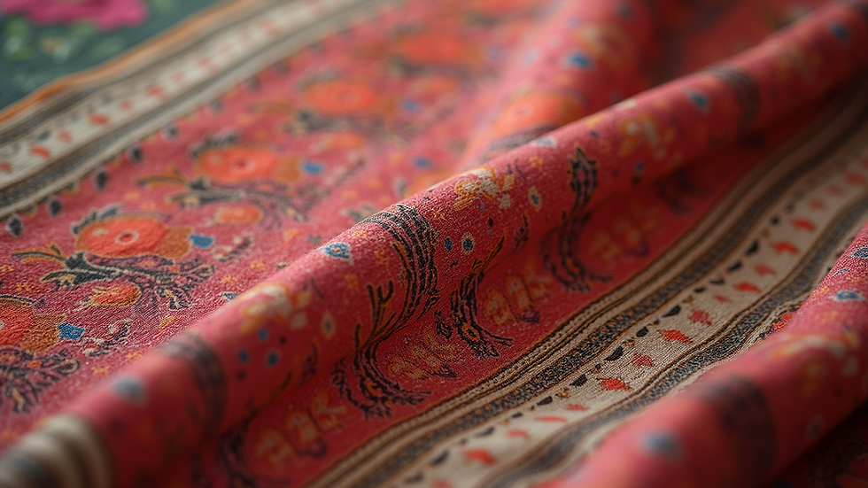 Close-up of handloom fabric with intricate traditional Indian patterns
