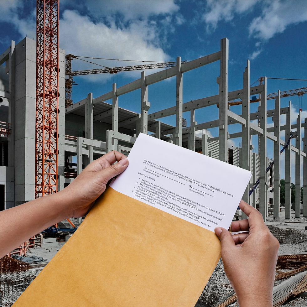 Hands pulling a construction contract from an envelope on site, representing a disputed invoice under the Late Payment Bill