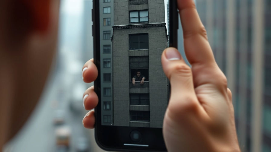 Over-the-shoulder view of a phone on a city street; the screen shows a person in an apartment-building window through an AR overlay.