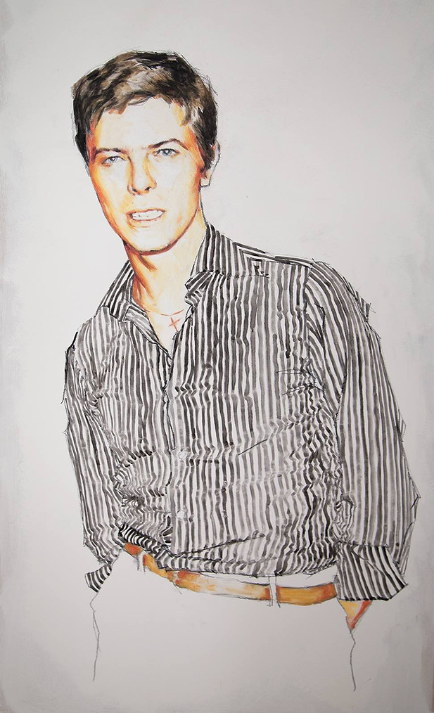 Portrait of David Bowie circa 1979 by Sara Captain. Bowie is wearing a stripey shirt and is looking directly at the viewer. The painting is slightly reminiscent of Egon Schiele's drawings