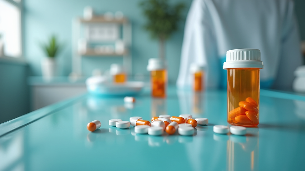 Close-up view of medication bottles on a clinical table
