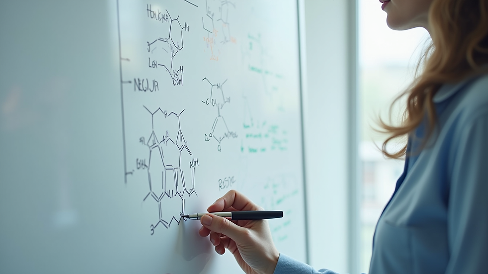 close-up view of a consultant explaining polymer structure diagrams on a whiteboard
