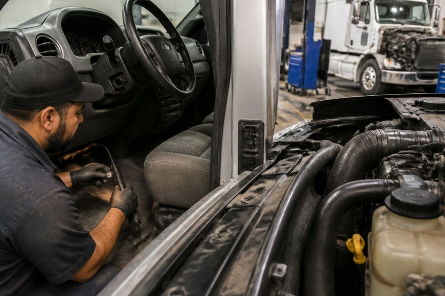 Diesel technician using a scan tool to perform diesel engine repair diagnostics on a truck in a clean shop bay