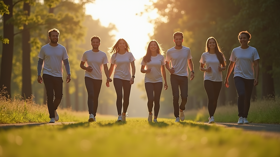 Eye-level view of a group of colleagues walking outdoors during a wellness challenge