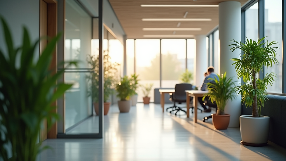 Eye-level view of a modern office space with plants and natural light