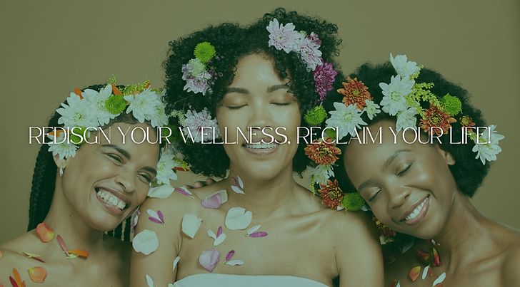 Three radiant Black women adorned with floral crowns and petal accents smile peacefully against a soft olive-green background