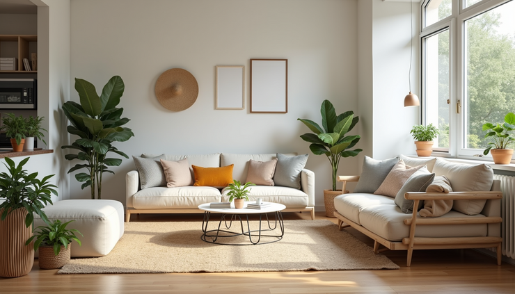 Eye-level view of a shared living room with cozy seating and natural light