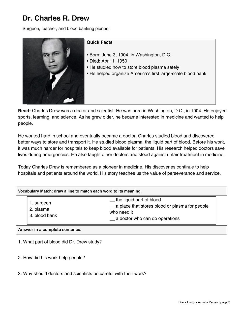 Charlows Drew Black History homeschool activity page printable