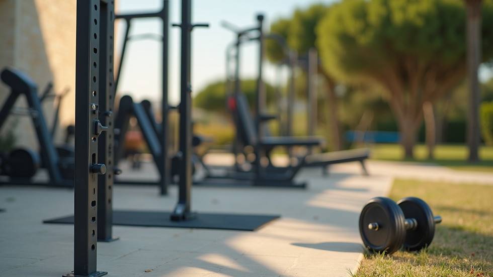 Close-up view of fitness equipment arranged for a personal training session outdoors on Mallorca