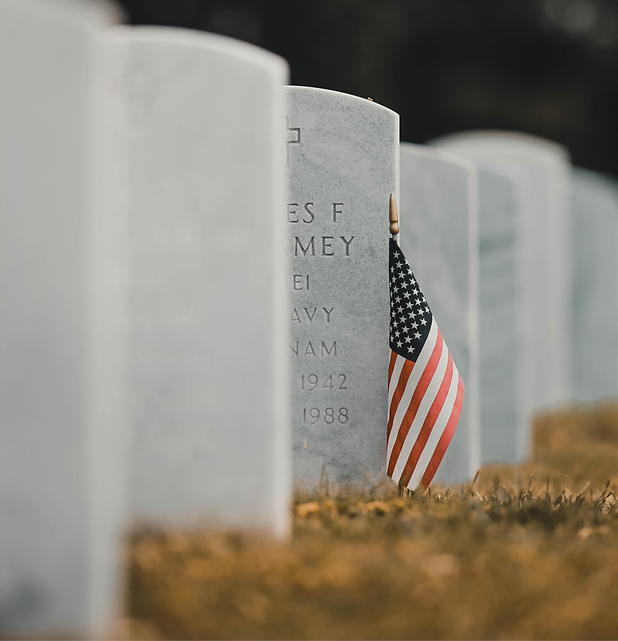 Veteran tombstone line with an American Flag in the ground