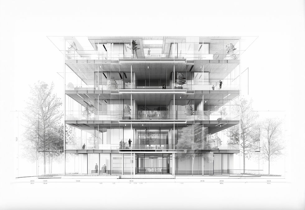 black & white building drawing