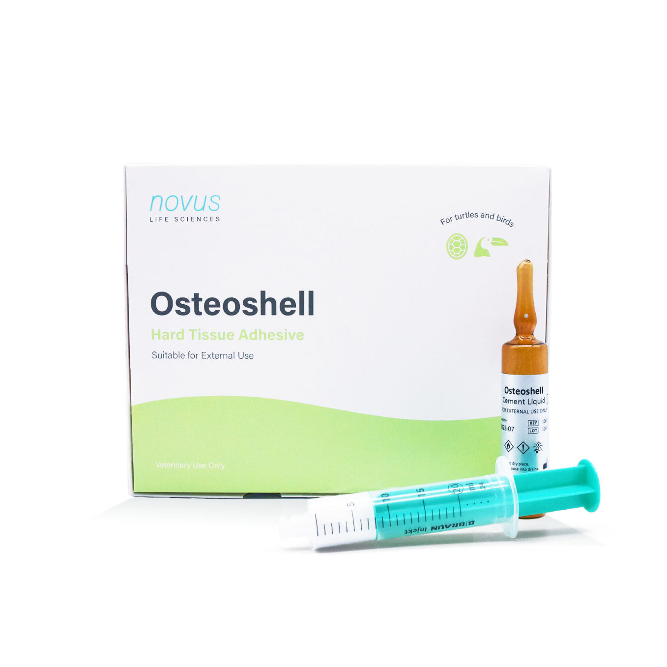 Osteoshell is a biocompatible 2 component adhesive for external fixation of animal hard tissue