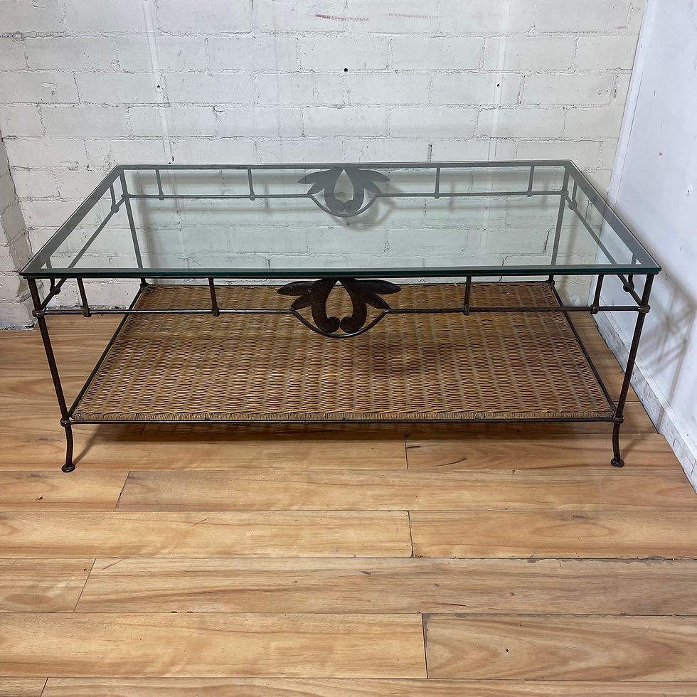 Glass Top, Rattan, and Wrought Iron Base Coffee Table