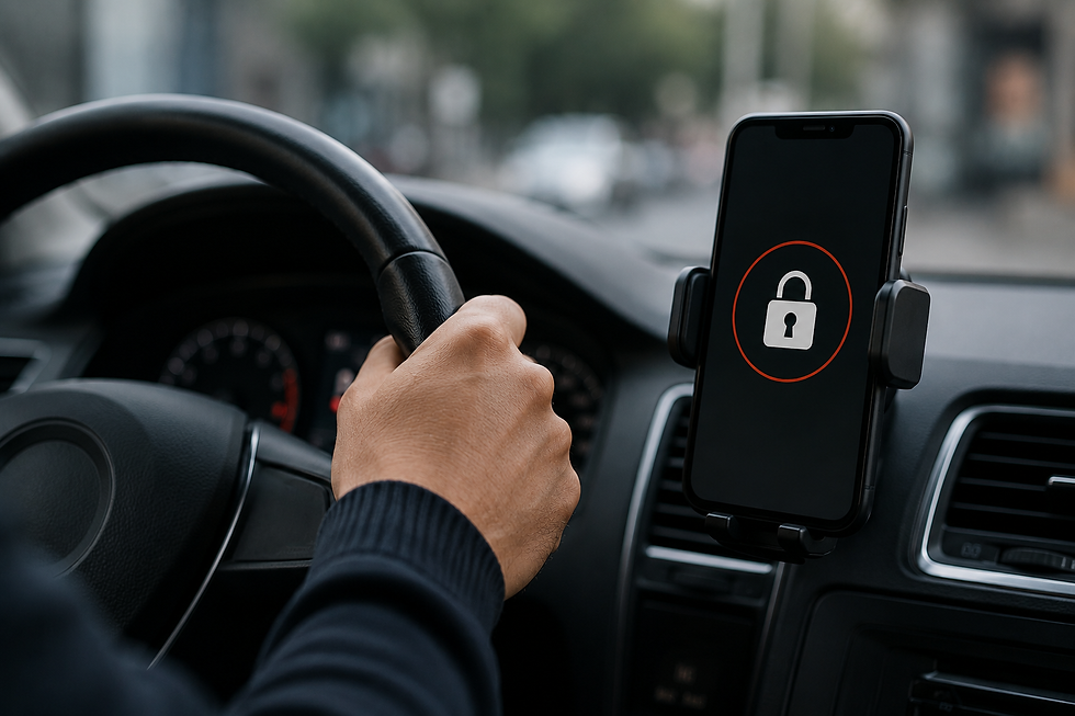 Motorista de aplicativo segurando volante enquanto celular exibe símbolo de bloqueio de conta dentro do veículo