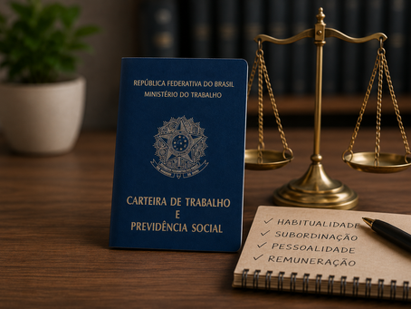 Carteira de trabalho ao lado de balança da Justiça e bloco com requisitos para reconhecimento de vínculo empregatício.