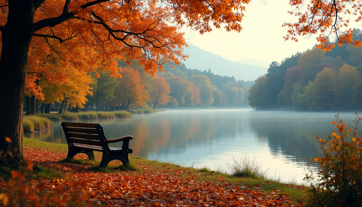 Eye-level view of a quiet lakeside bench surrounded by autumn trees