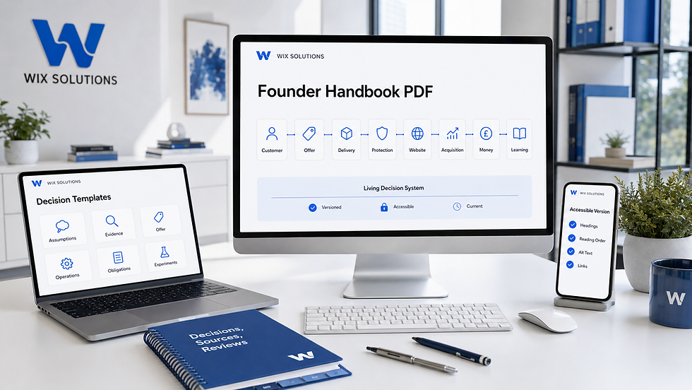 Wix Solutions office showing a Handbook PDF founder system with chapter architecture, decision templates, accessible document checks and version governance across desktop, laptop and mobile.