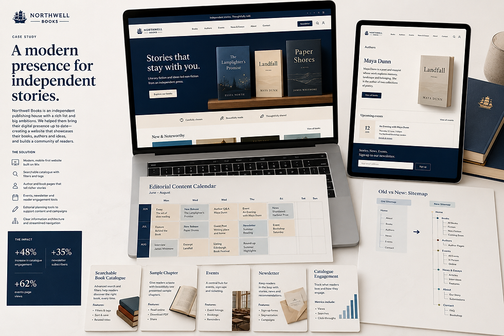 White-background publishing website content model with book catalogue, author pages and audience analytics