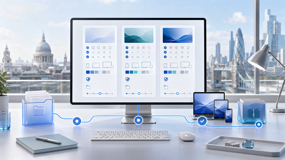 London website designer selection dashboard comparing proposals, devices, security, ownership and milestones