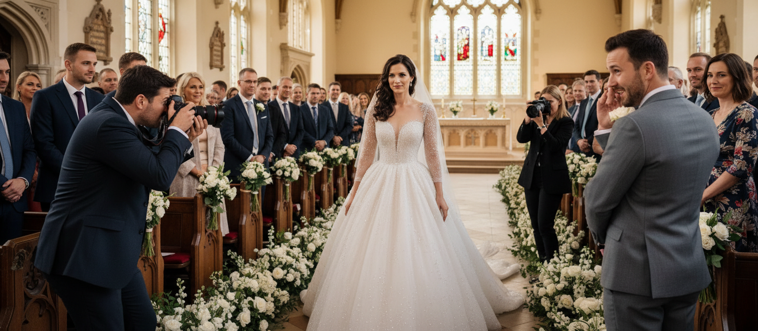 Bride at a wedding ceremony photographed by two professional photographers from different angles.
