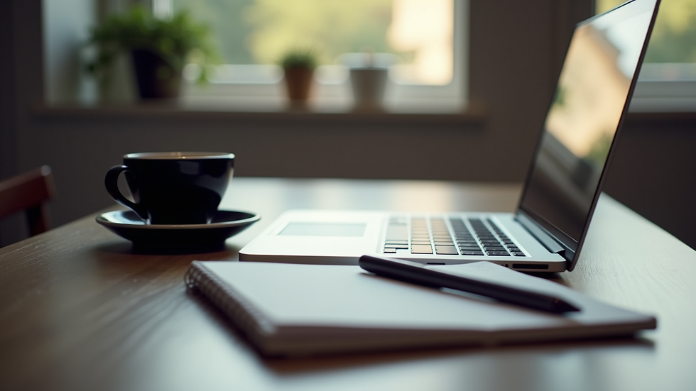 Eye-level view of an open laptop with a notebook and coffee cup
