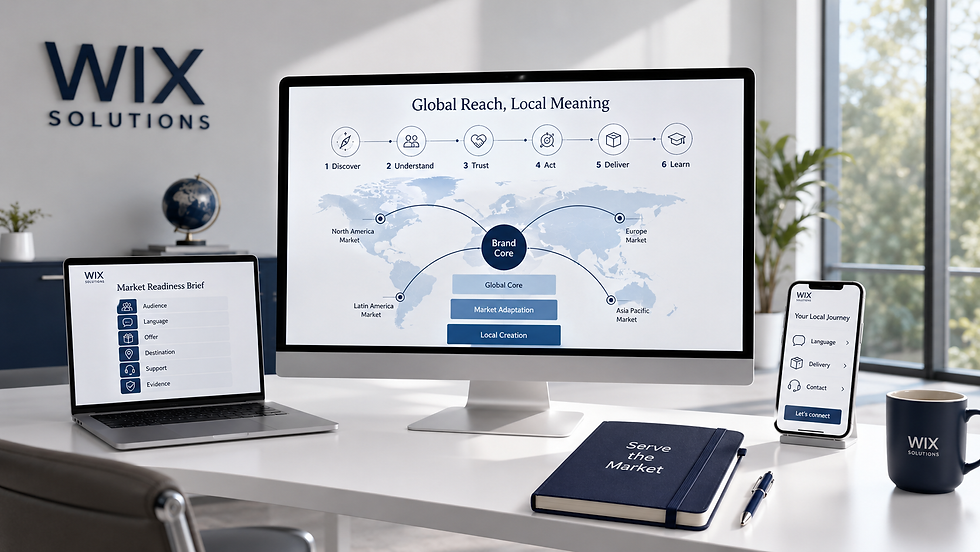 Wix Solutions office showing global reach with local meaning: a market journey from discovery to delivery, a market-readiness brief and a localised mobile path for language, delivery and contact.