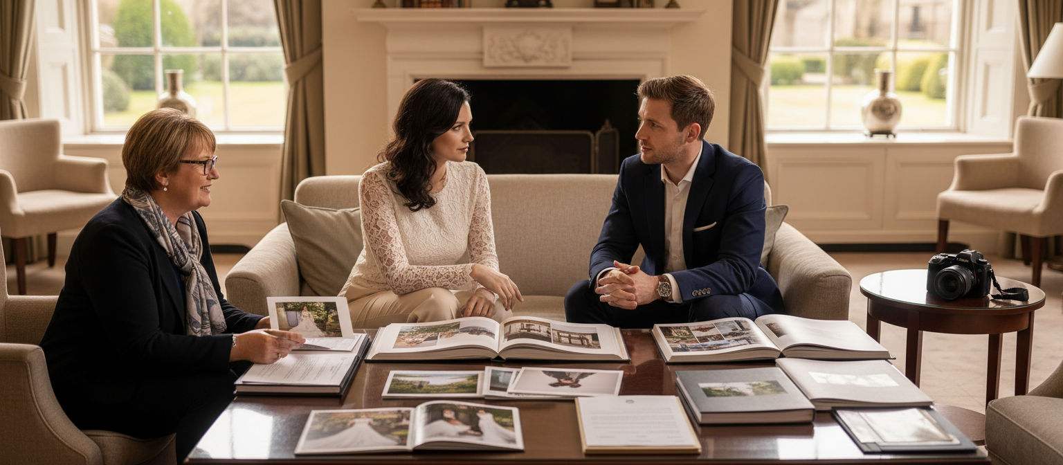 Bride discussing important questions with a professional wedding photographer.