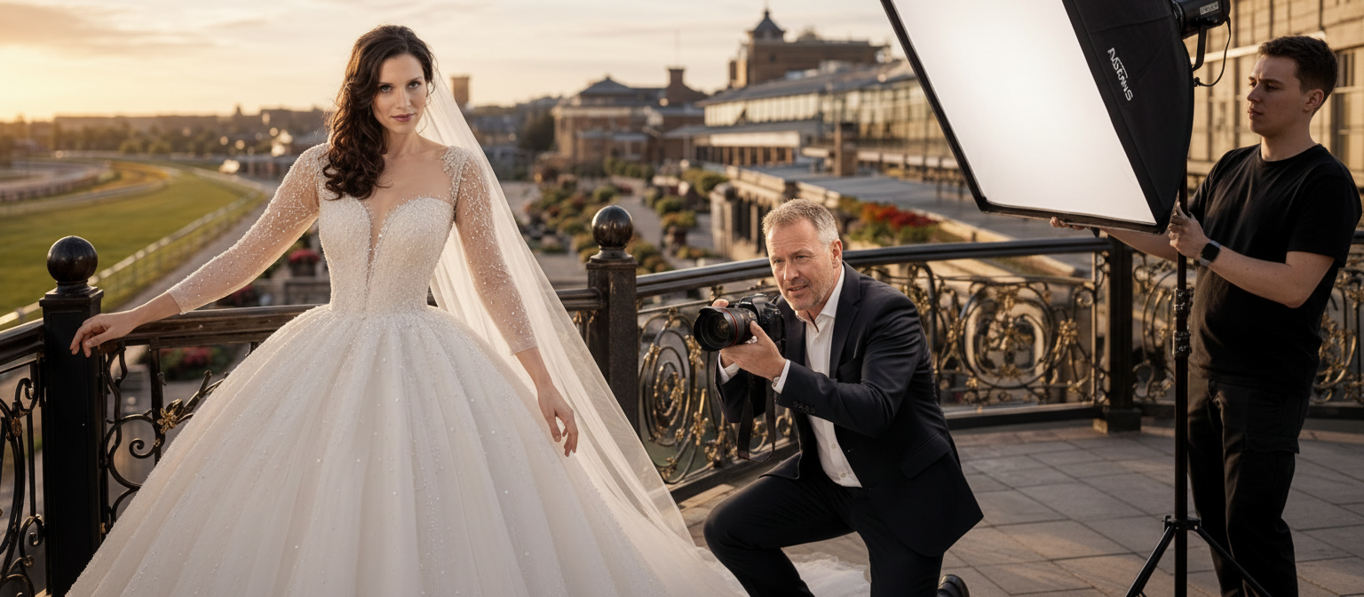 Professional wedding photographer creating an elegant bridal portrait.
