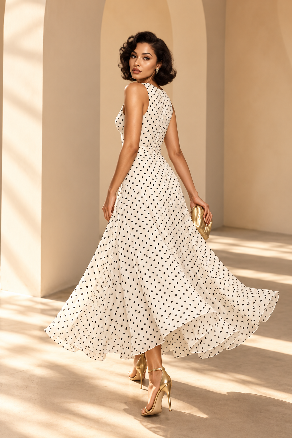 Polka Dot Sleeveless French Waist A-line Dress