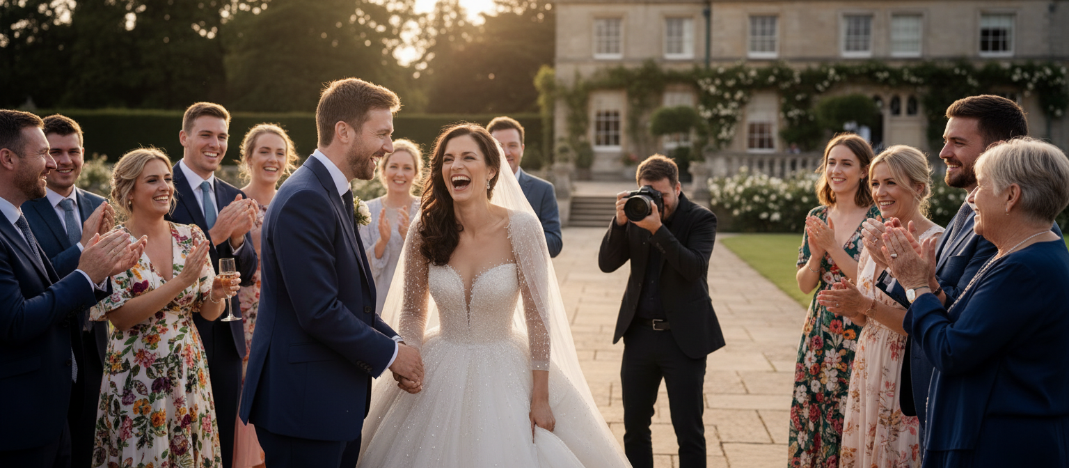 Wedding photographer capturing a natural joyful moment between the bride and guests.