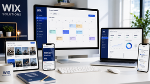 Wix Solutions social media content calendar, audience analytics, video grid and community management workspace