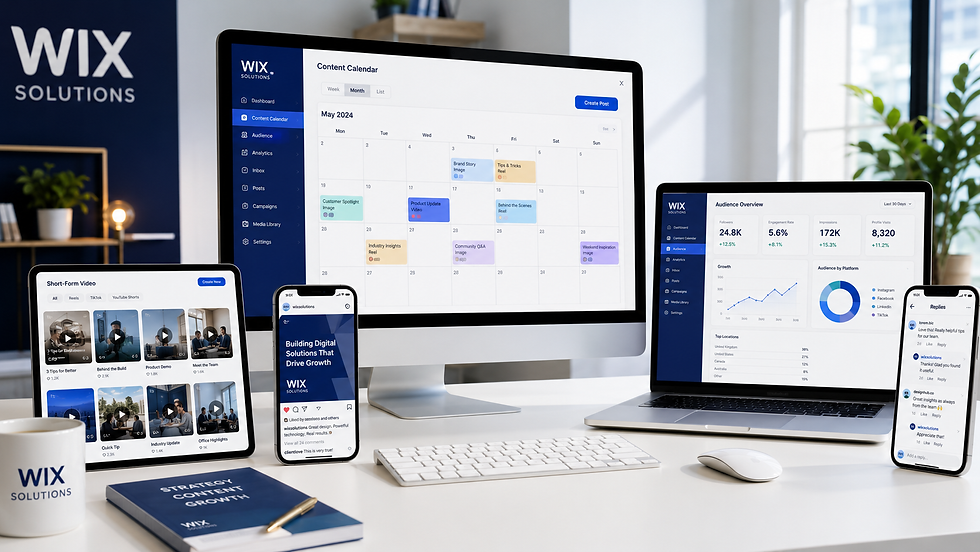Wix Solutions social media content calendar, audience analytics, video grid and community management workspace