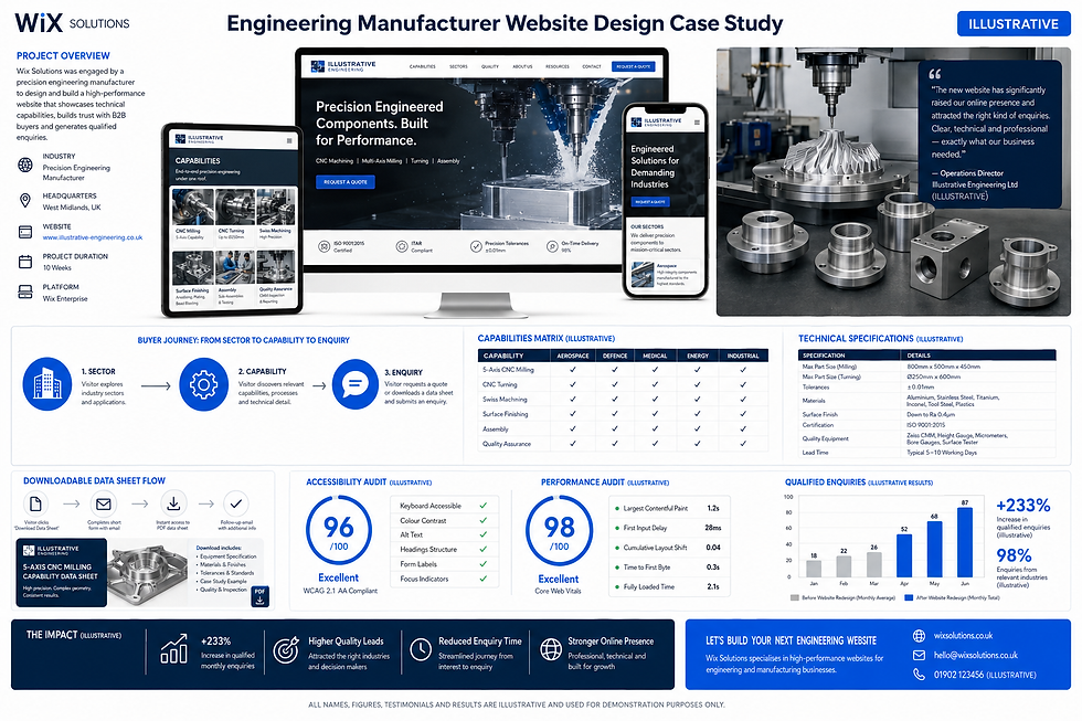 Illustrative precision engineering manufacturer website design with capability matrix
