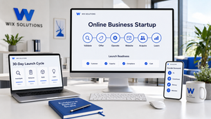Wix Solutions office showing an Online Business Startup launch system across validation, offer, operations, website, acquisition and learning, with UK readiness checks on desktop and mobile.