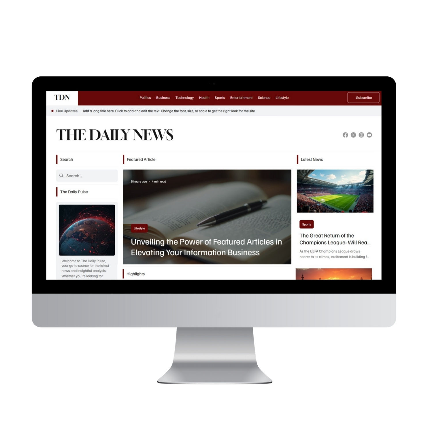 Modern and dynamic news website template with customizable sections, perfect for online publishers to share breaking stories