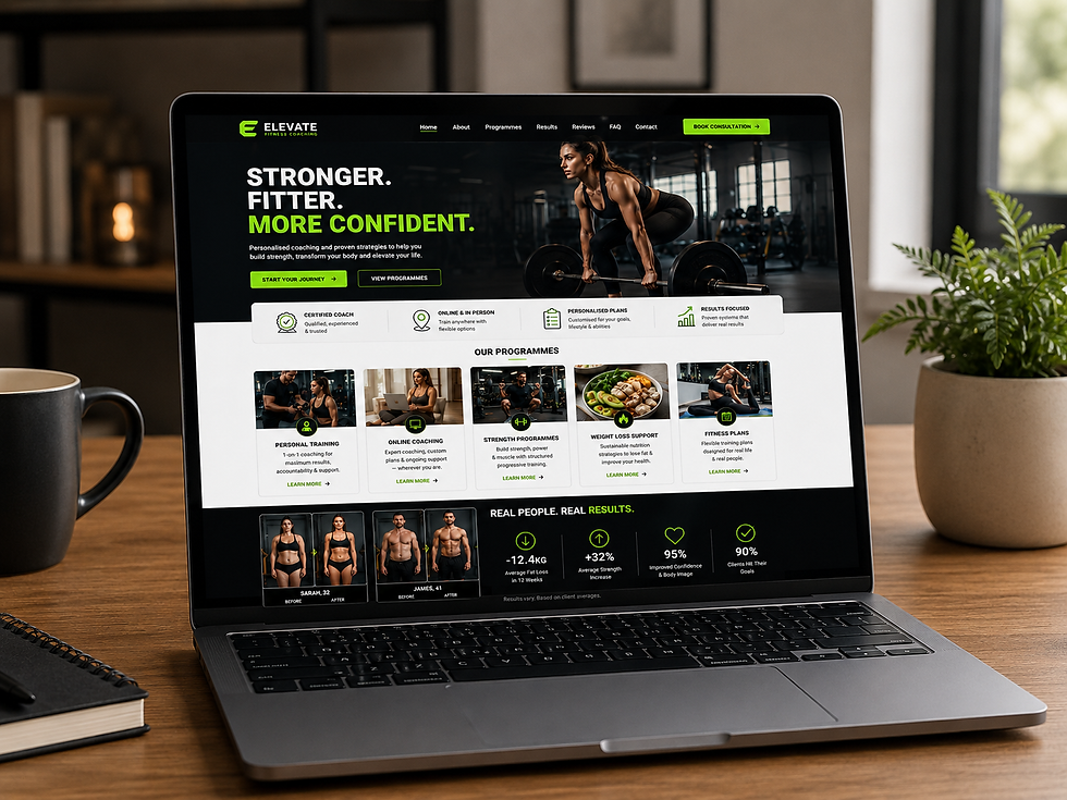 Dieses Website-Mockup für Fitness Coaches ist für Personal Trainer, Online-Coaches, kleine Fitnessmarken und Wellness-Profis konzipiert. Es kann Trainingsprogramme, Kundenergebnisse, Testimonials, Preise, Buchungsoptionen und klare Handlungsaufforderungen enthalten, um Anfragen zu fördern.