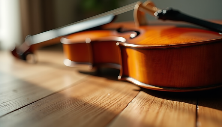 Eye-level view of a cello resting on a wooden floor with soft natural light