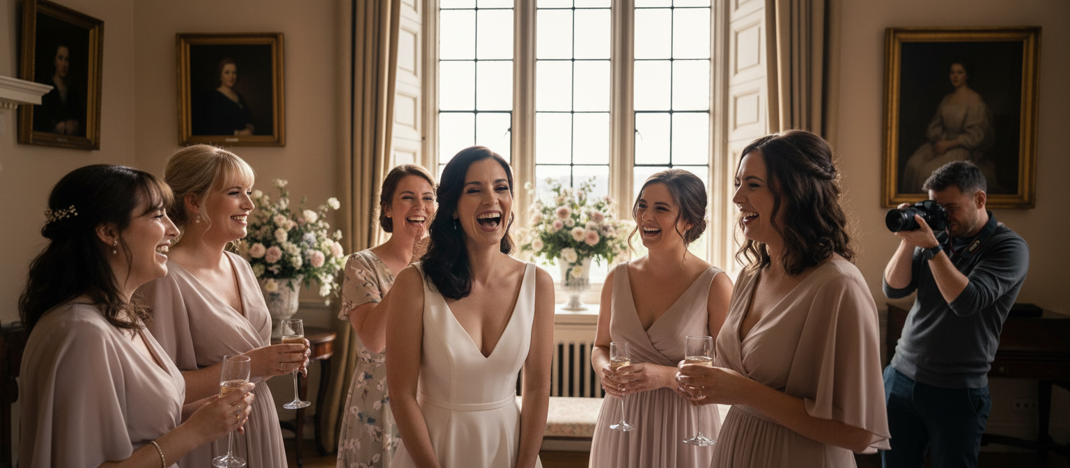 Bride sharing a candid moment during documentary wedding photography.