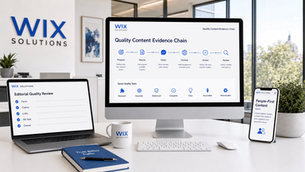 Wix Solutions office showing a Quality Content evidence chain from purpose and source to claim, context, action and review, with editorial checks and people-first mobile content.