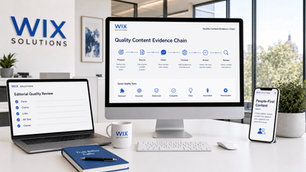 Wix Solutions office showing a Quality Content evidence chain from purpose and source to claim, context, action and review, with editorial checks and people-first mobile content.