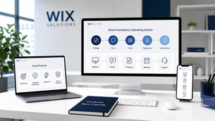 Wix Solutions office showing a Brand Consistency Operating System across strategy, voice, visual identity, experience and governance, with a coherent journey for website, social, booking and support.
