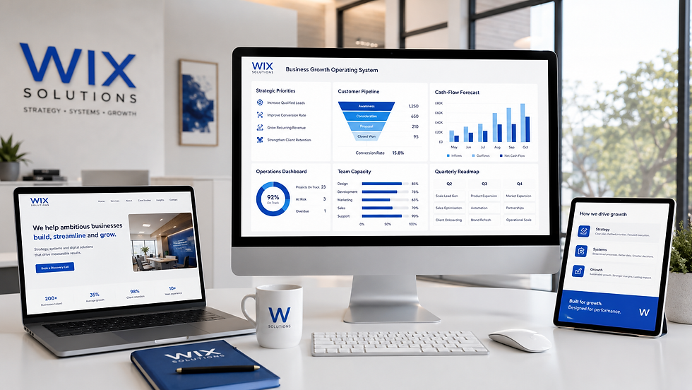 Wix Solutions business growth operating system with strategy, pipeline, cash flow, operations and capacity dashboards