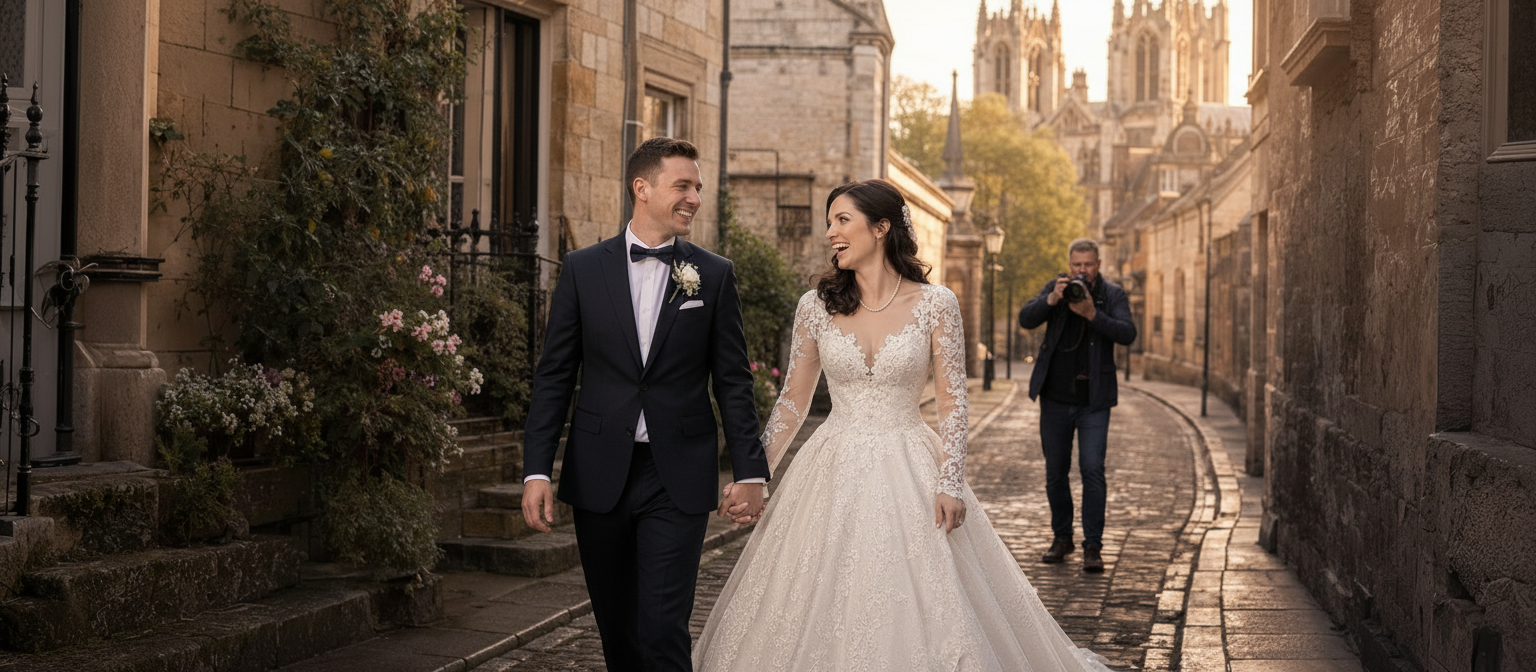 Bride and groom sharing a natural moment captured in documentary wedding photography.