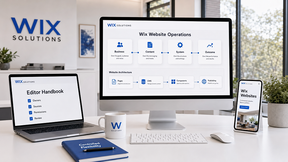 Wix Solutions office showing Wix Websites operations with business, content, system and outcome ownership, linked architecture, an editor handbook and responsive mobile design.