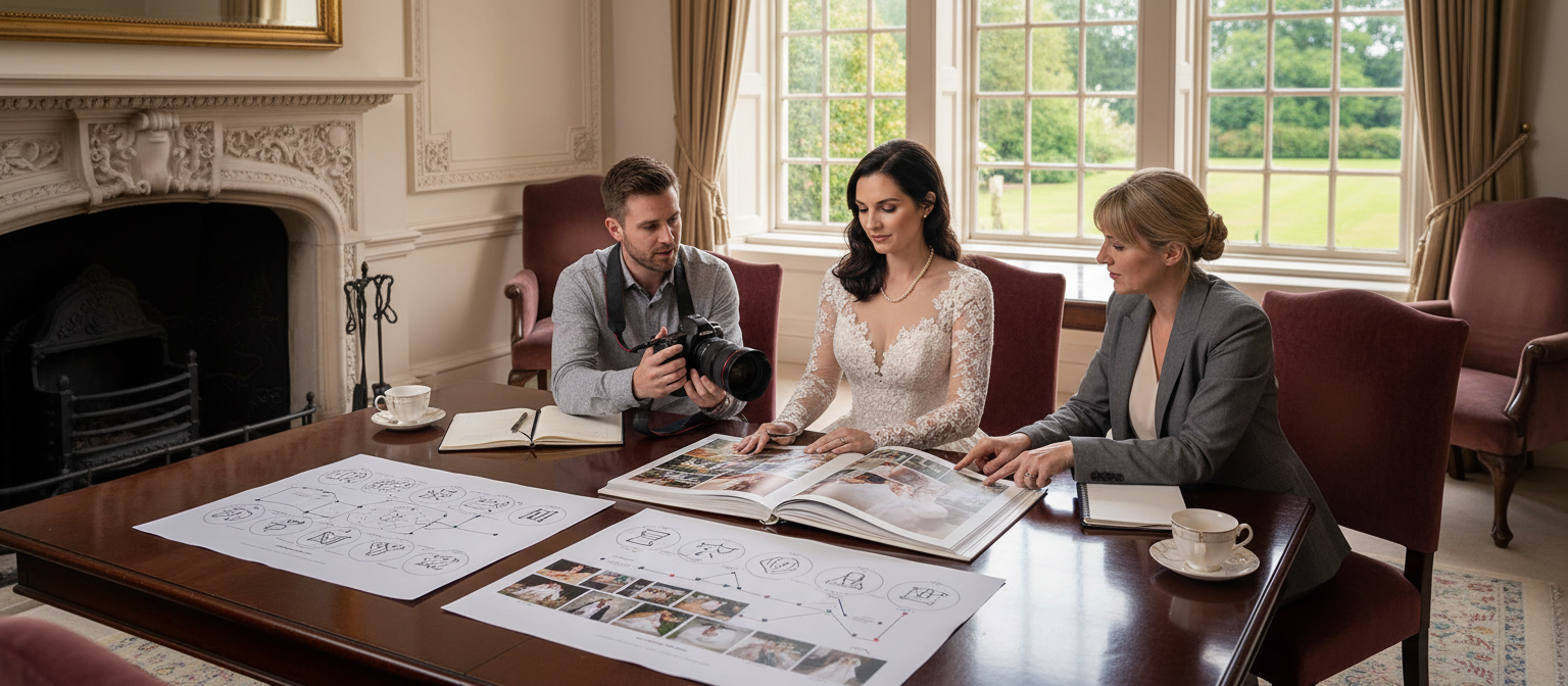 Bride, photographer and coordinator planning the wedding photography timeline.