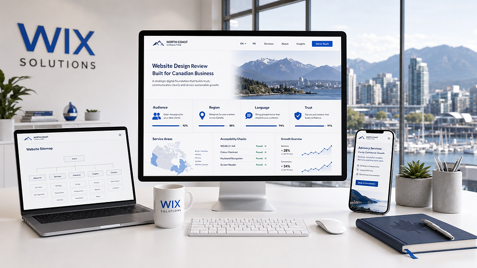 Wix Solutions office overlooking Vancouver, with desktop design review, laptop sitemap and mobile service page showing Audience, Region, Language, Trust, accessibility and Canadian service areas.